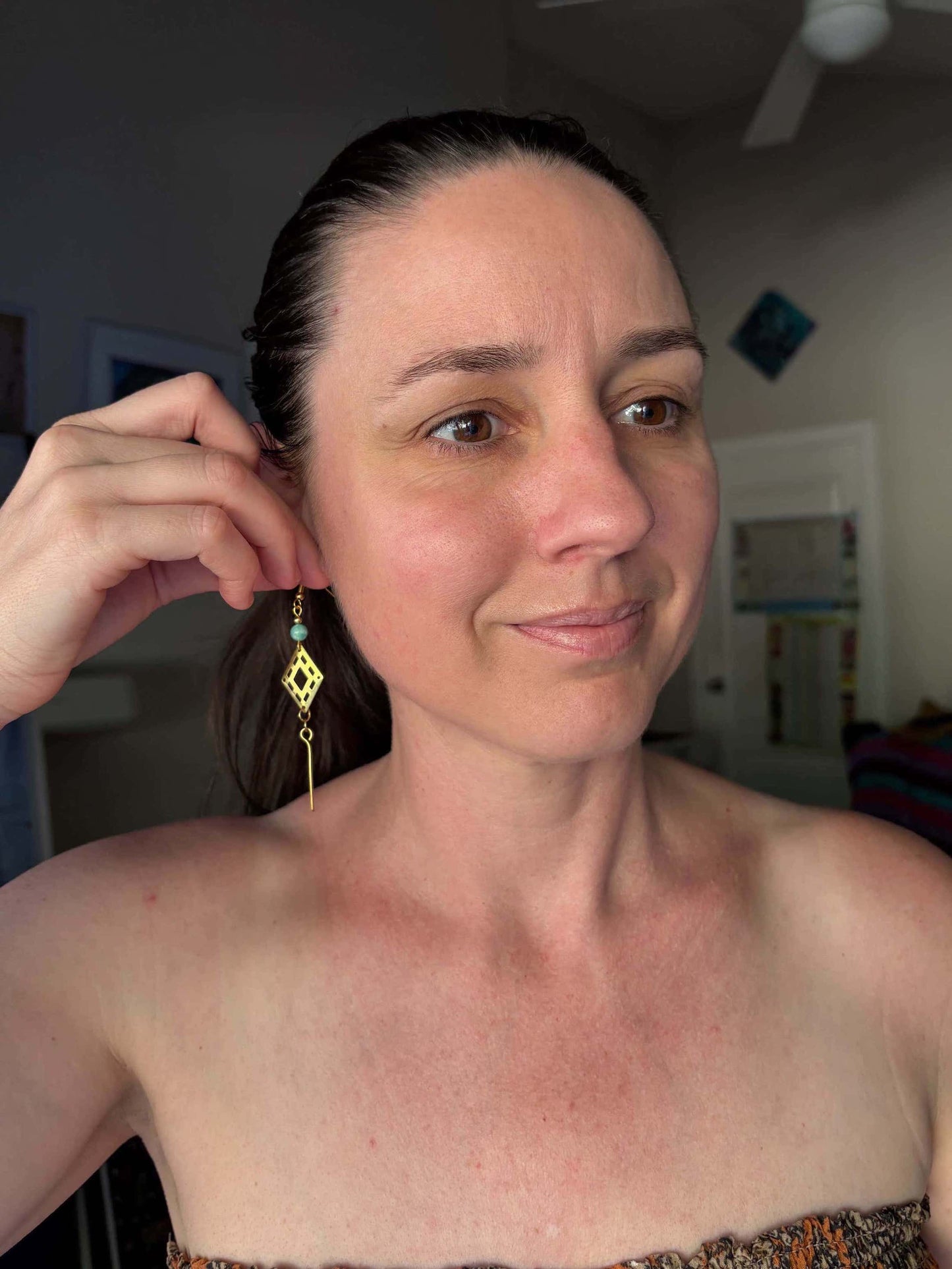 Amazonite Diamond Brass Earrings