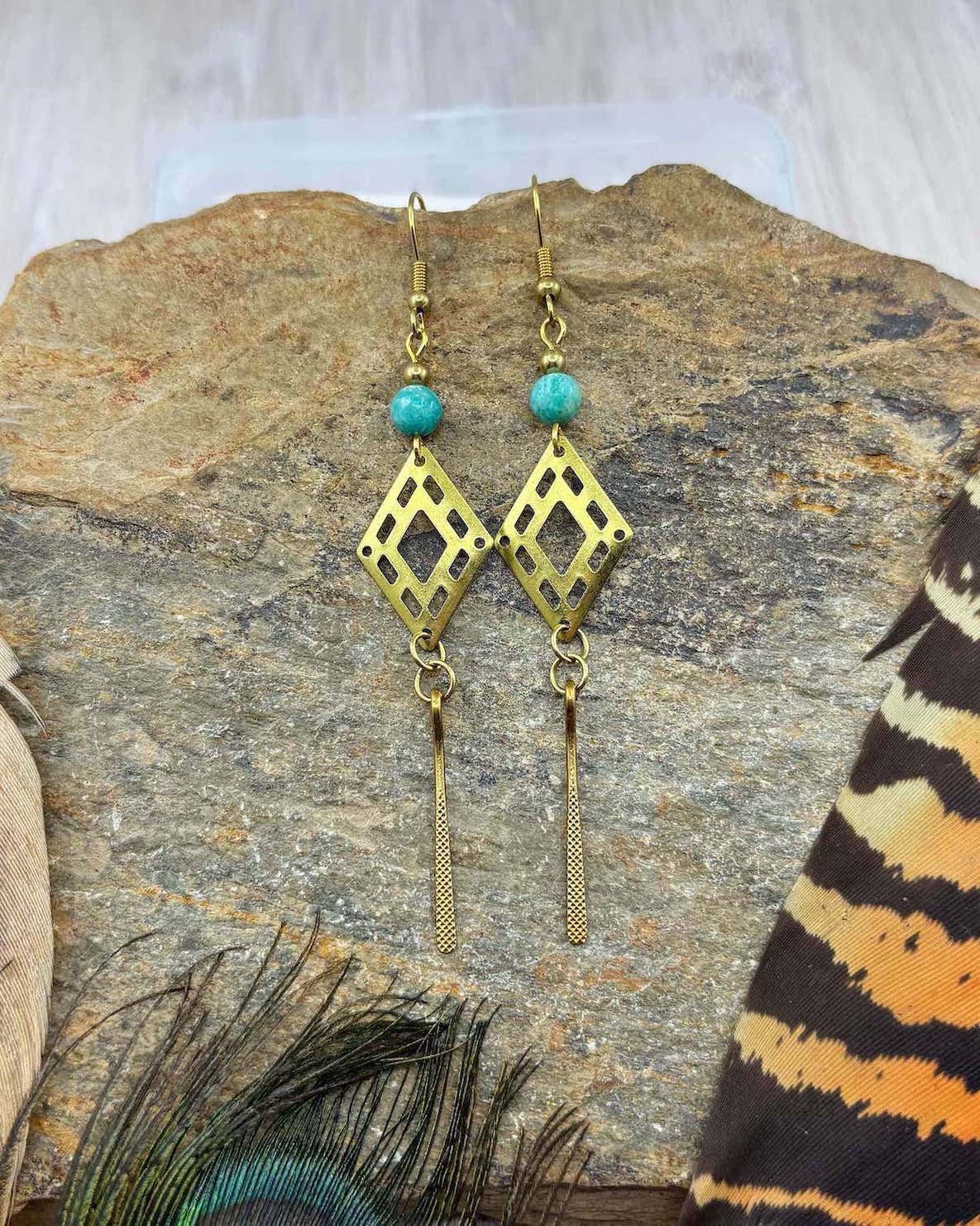Amazonite Diamond Brass Earrings
