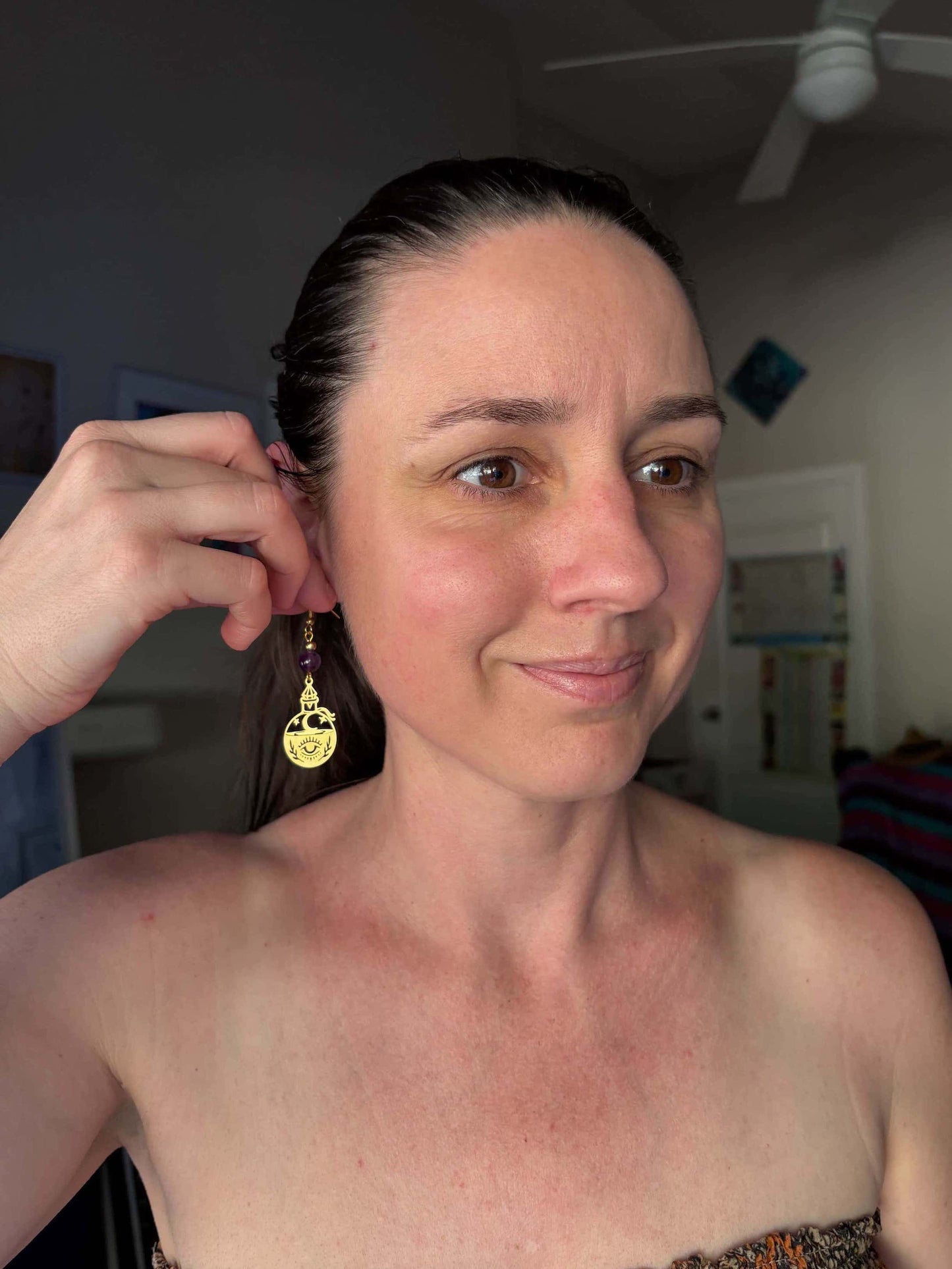Amethyst Potion Bottle Brass Earrings