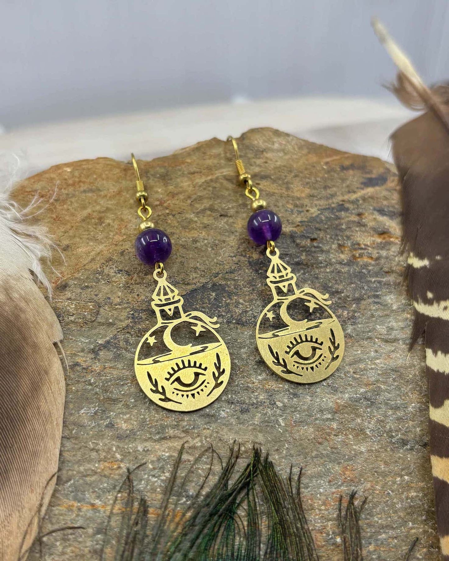 Amethyst Potion Bottle Brass Earrings