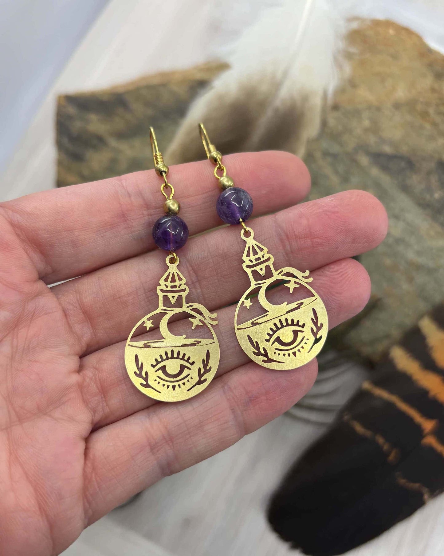 Amethyst Potion Bottle Brass Earrings