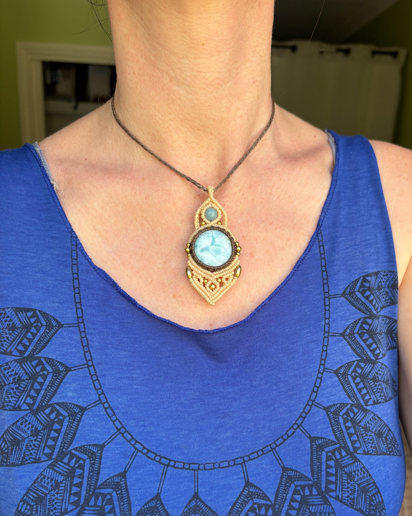 Round Larimar Macrame Amulet Pendant