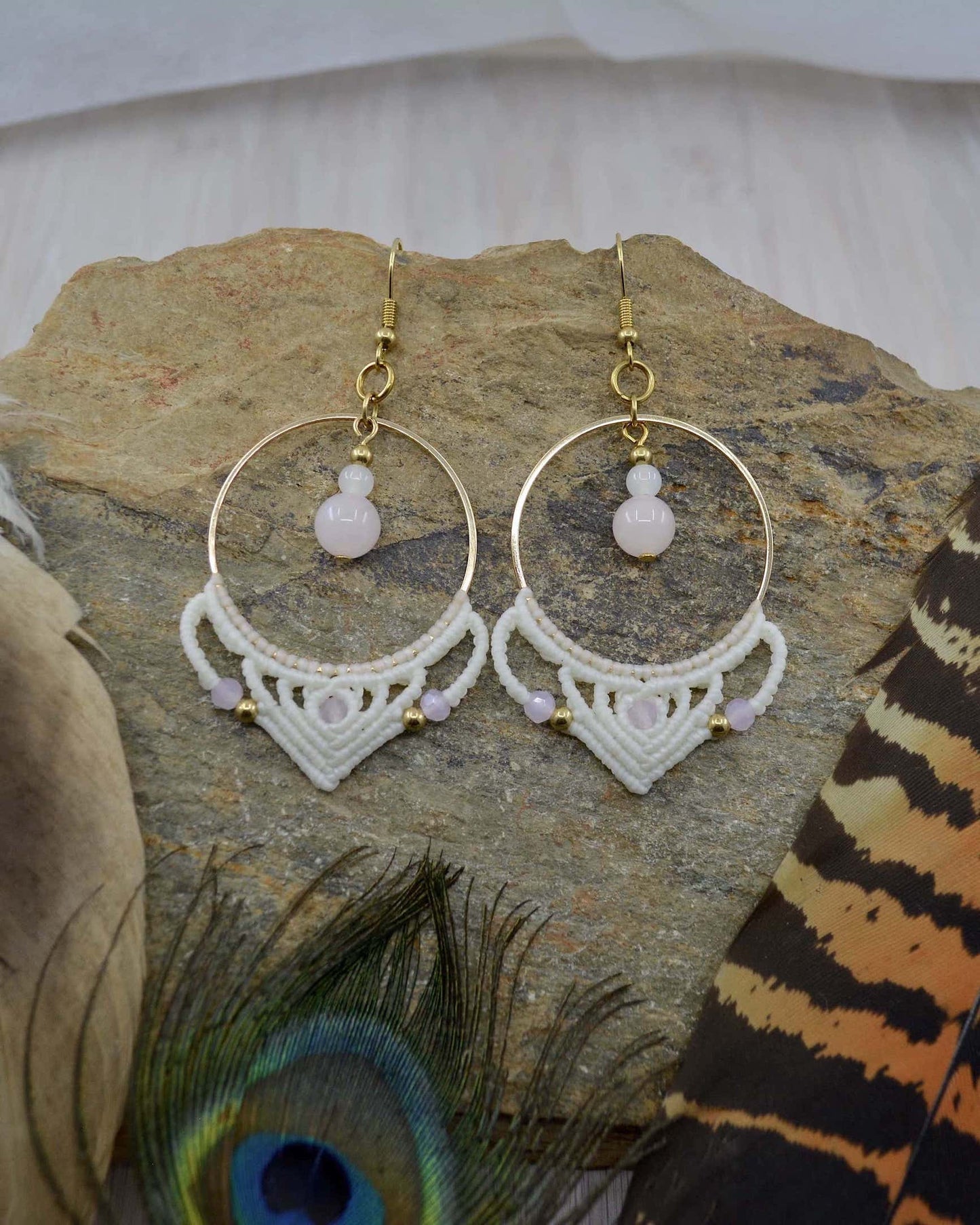 Big Macrame Rose Quartz Hoop Earrings - Made To Order