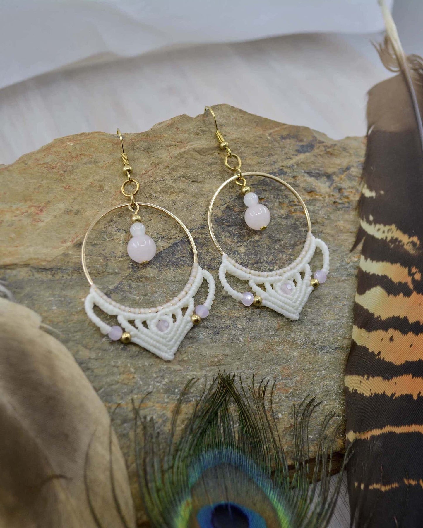 Big Macrame Rose Quartz Hoop Earrings - Made To Order