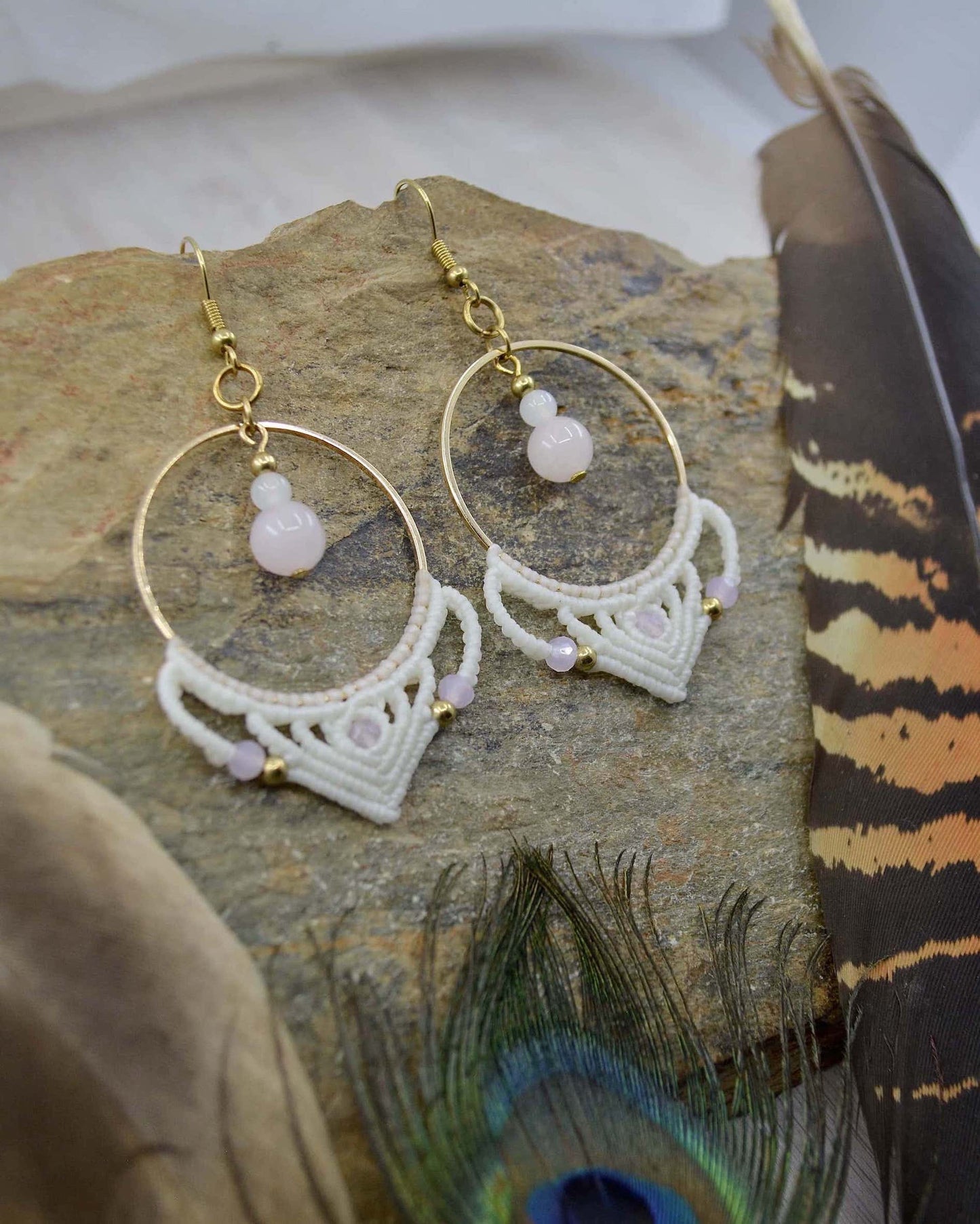 Big Macrame Rose Quartz Hoop Earrings - Made To Order