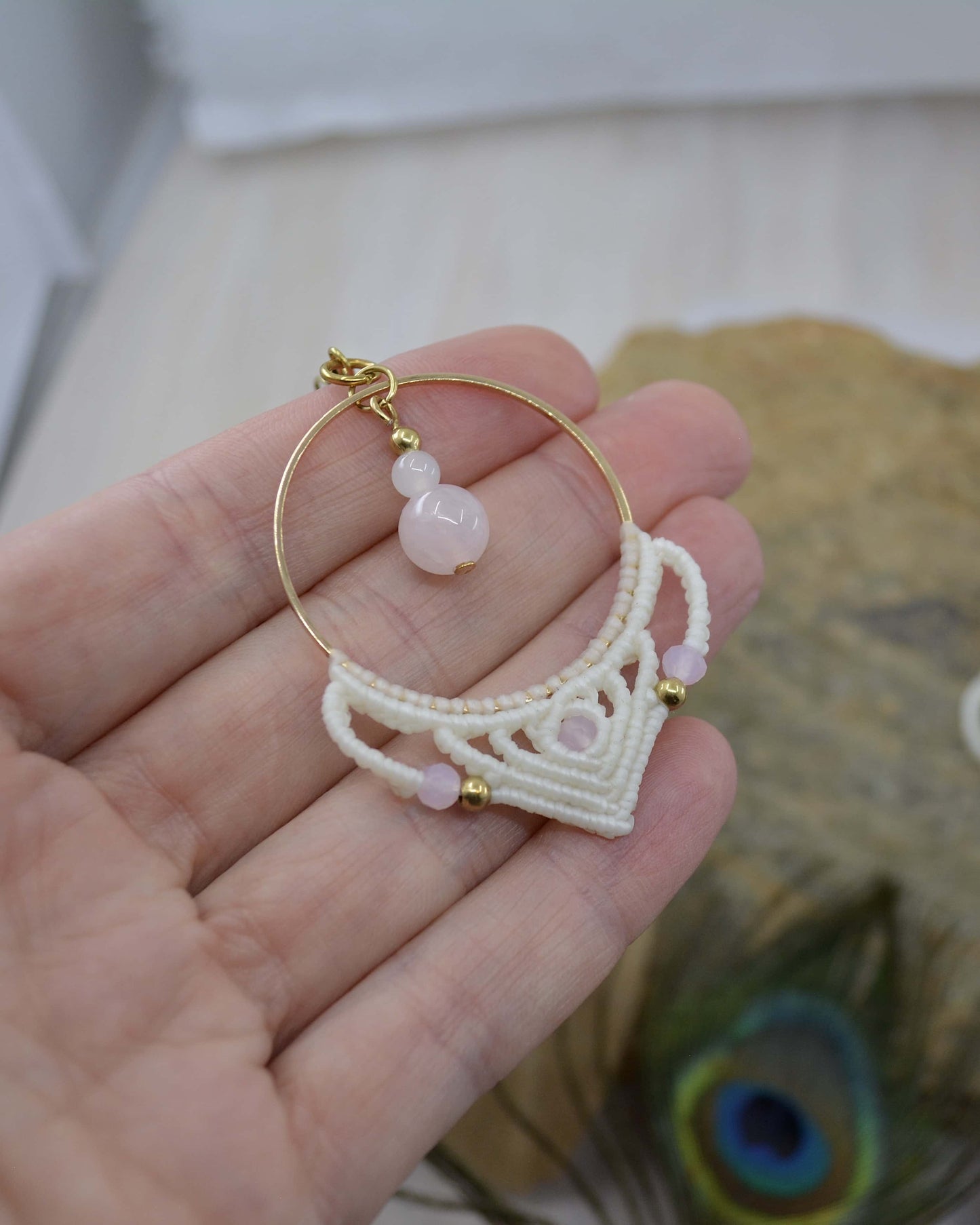 Big Macrame Rose Quartz Hoop Earrings - Made To Order