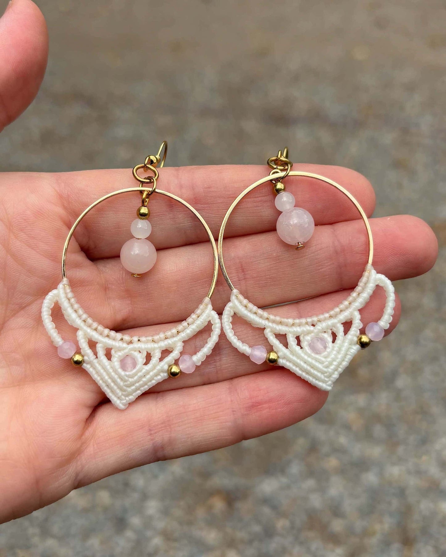 Big Macrame Rose Quartz Hoop Earrings - Made To Order