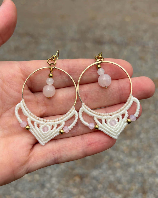 Big Macrame Rose Quartz Hoop Earrings - Made To Order