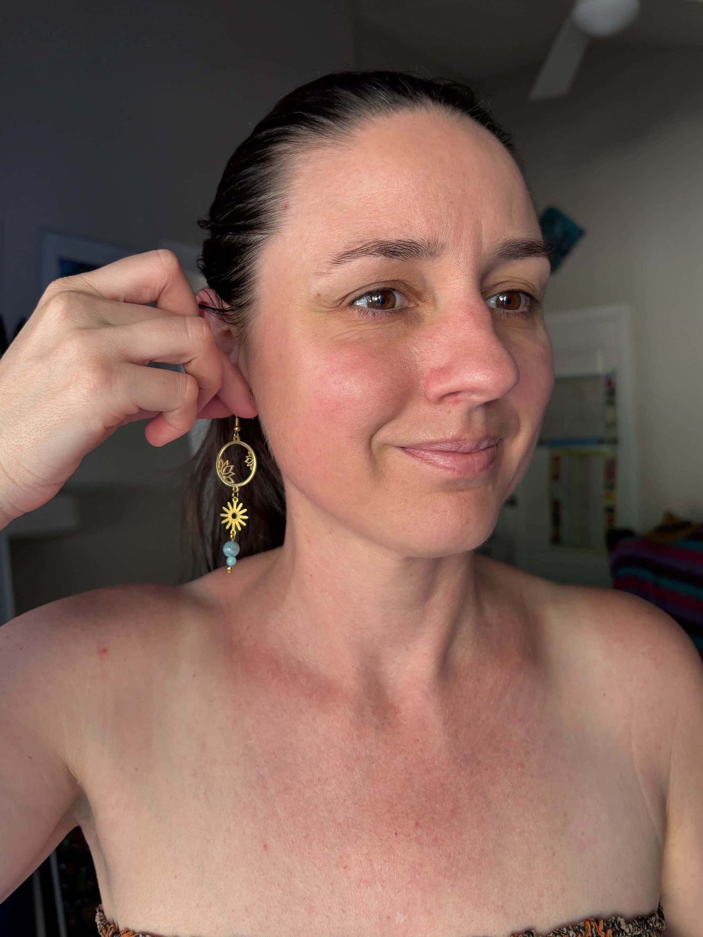 Blue Jade Star Lotus Brass Earrings