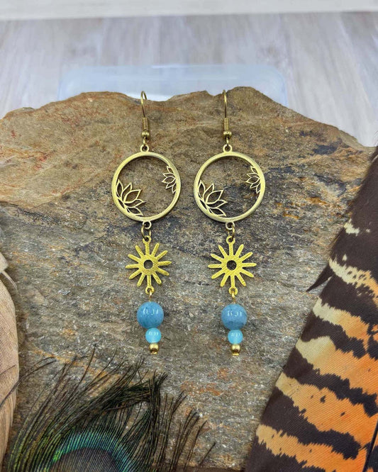 Blue Jade Star Lotus Brass Earrings