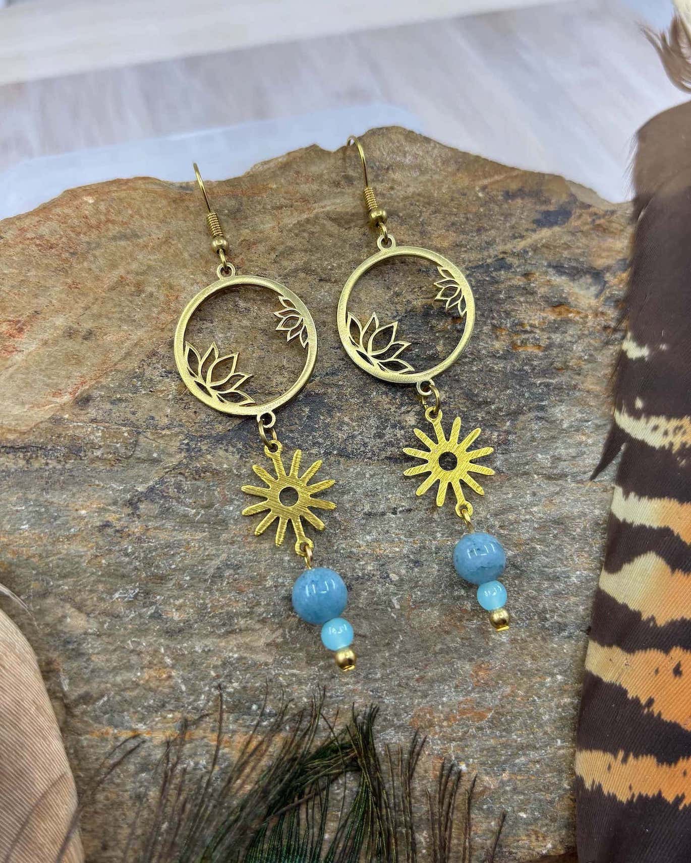 Blue Jade Star Lotus Brass Earrings