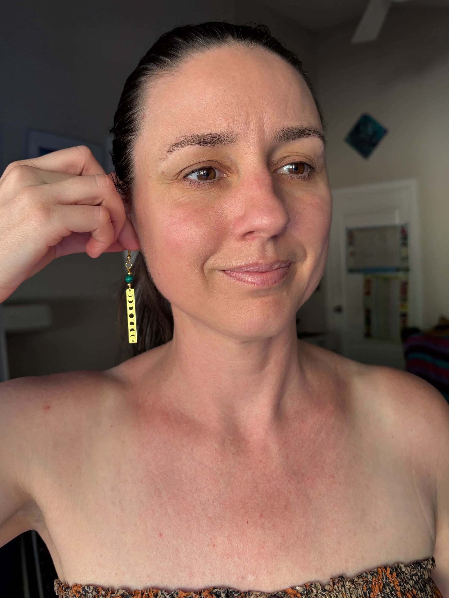 Chrysocolla Moon Phase Brass Drop Earrings