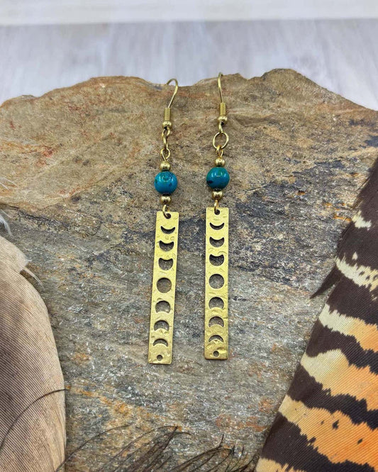 Chrysocolla Moon Phase Brass Drop Earrings