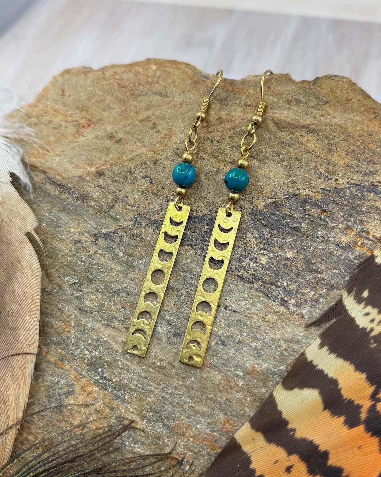 Chrysocolla Moon Phase Brass Drop Earrings