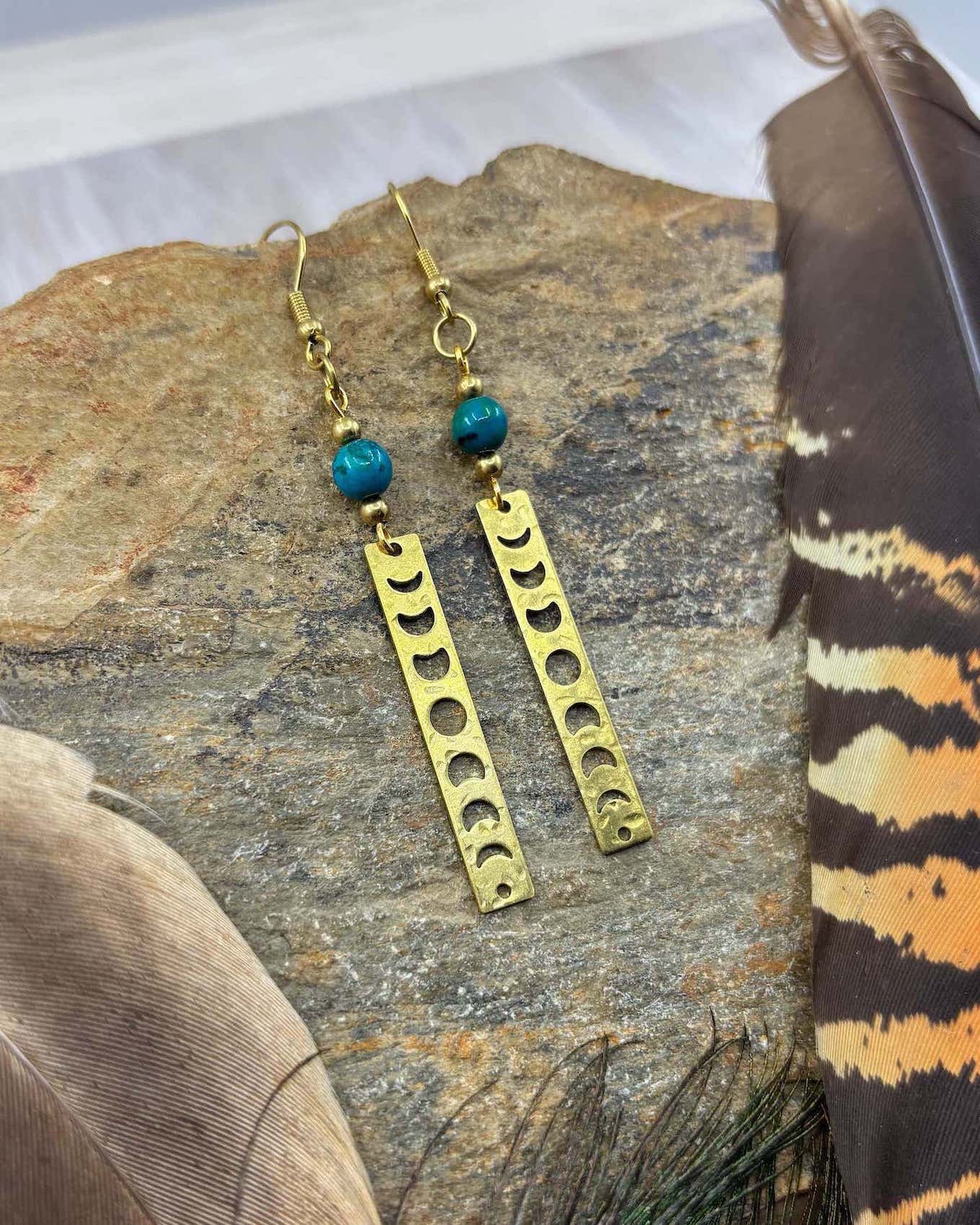 Chrysocolla Moon Phase Brass Drop Earrings