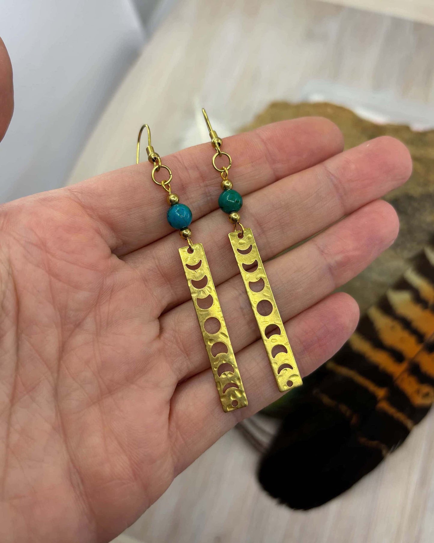 Chrysocolla Moon Phase Brass Drop Earrings