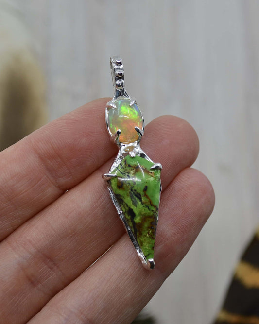 Ethiopian Opal & Yungai Green Turquoise Sterling Silver Pendant