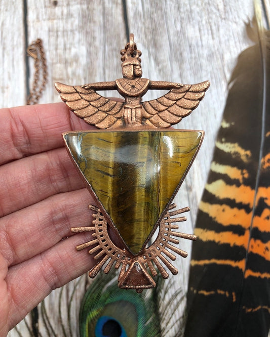 Egyptian Goddess Necklace with Triangle Tiger Eye, Sunstone & Sun - Electroformed