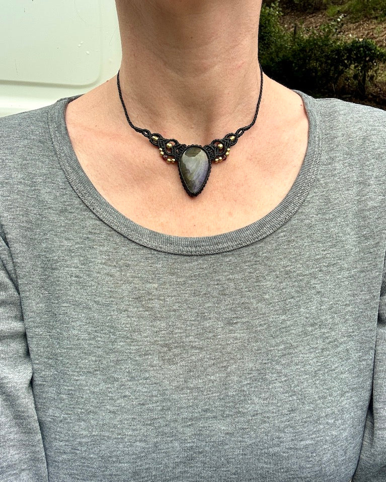 Purple Labradorite Macrame Bib Necklace