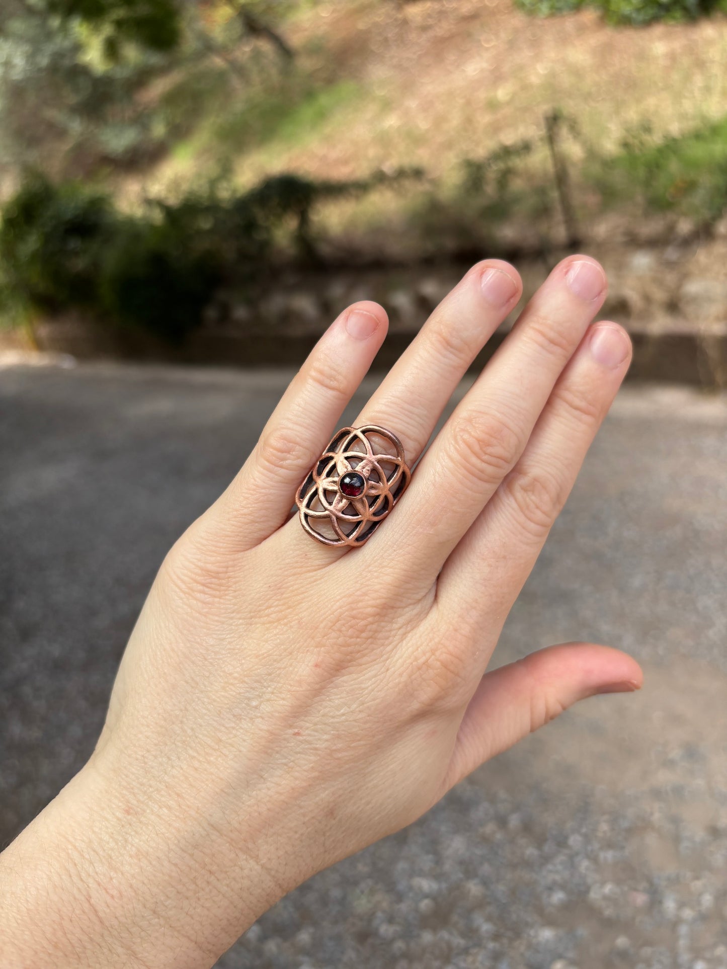 Seed Of Life Garnet Copper Ring