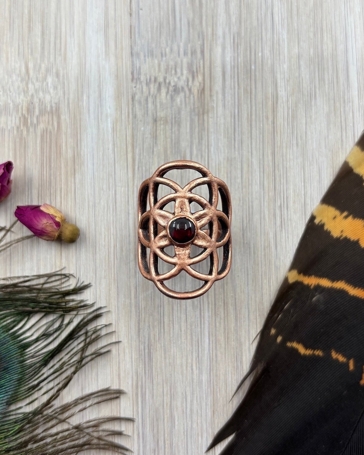 Seed Of Life Garnet Copper Ring