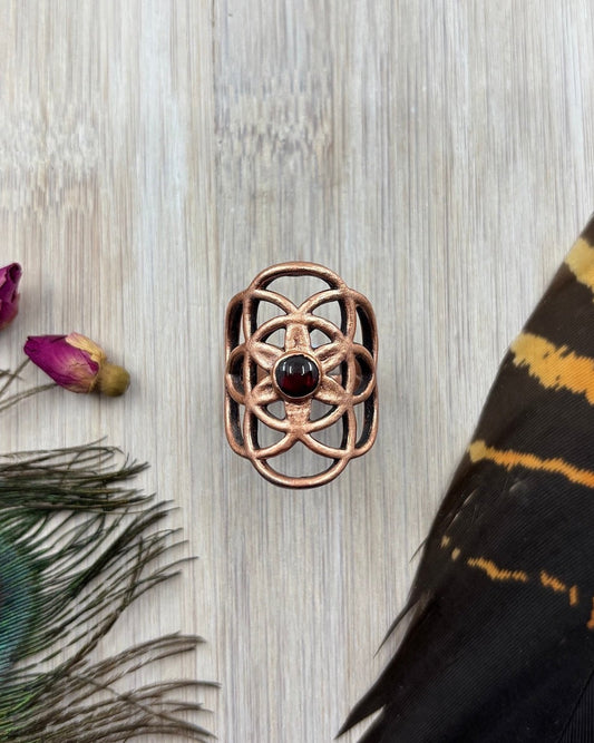 Seed Of Life Garnet Copper Ring