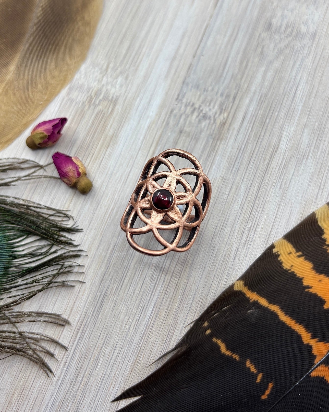 Seed Of Life Garnet Copper Ring