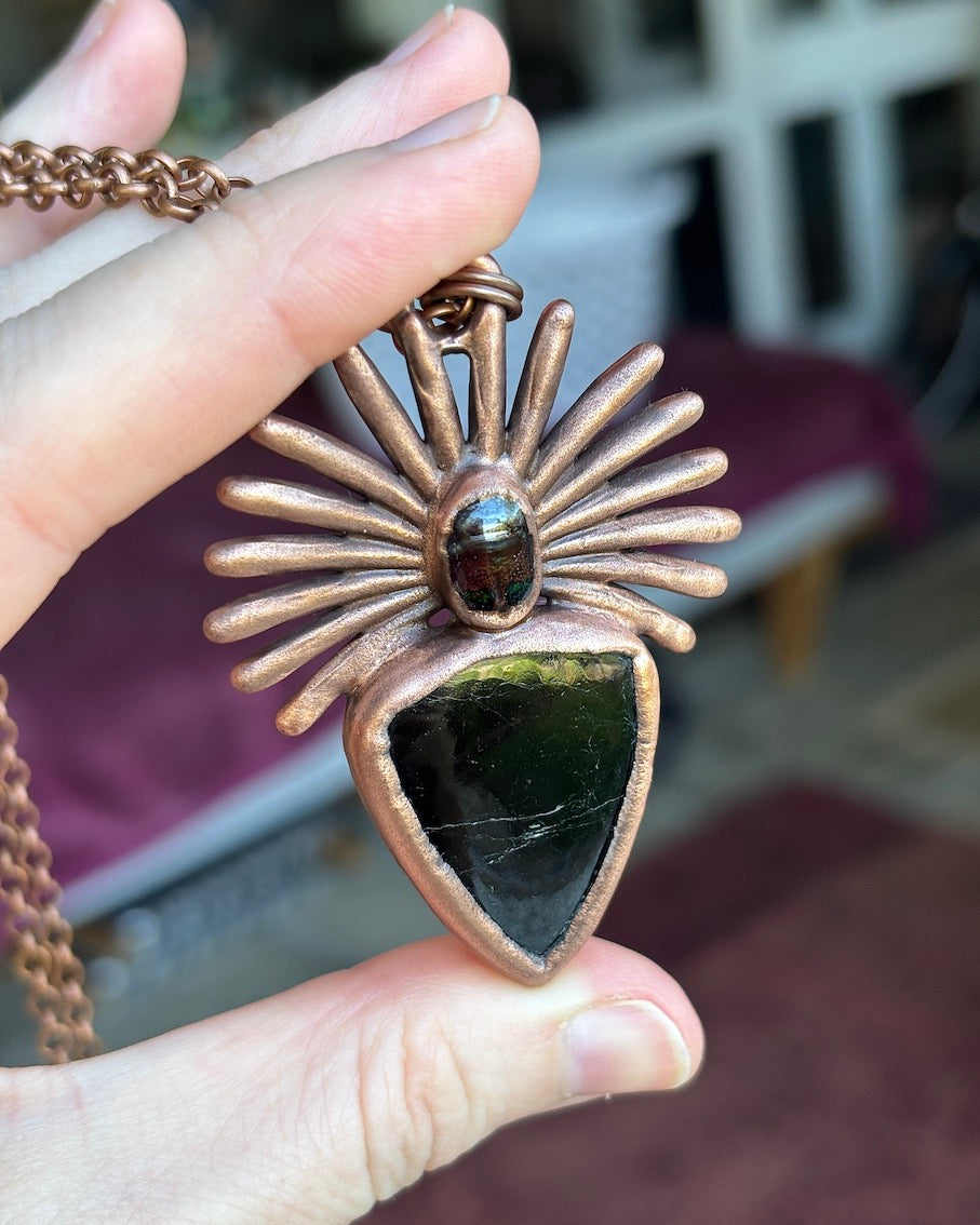 REAL Red Beetle Pendant With Black Tourmaline - Copper Electroformed