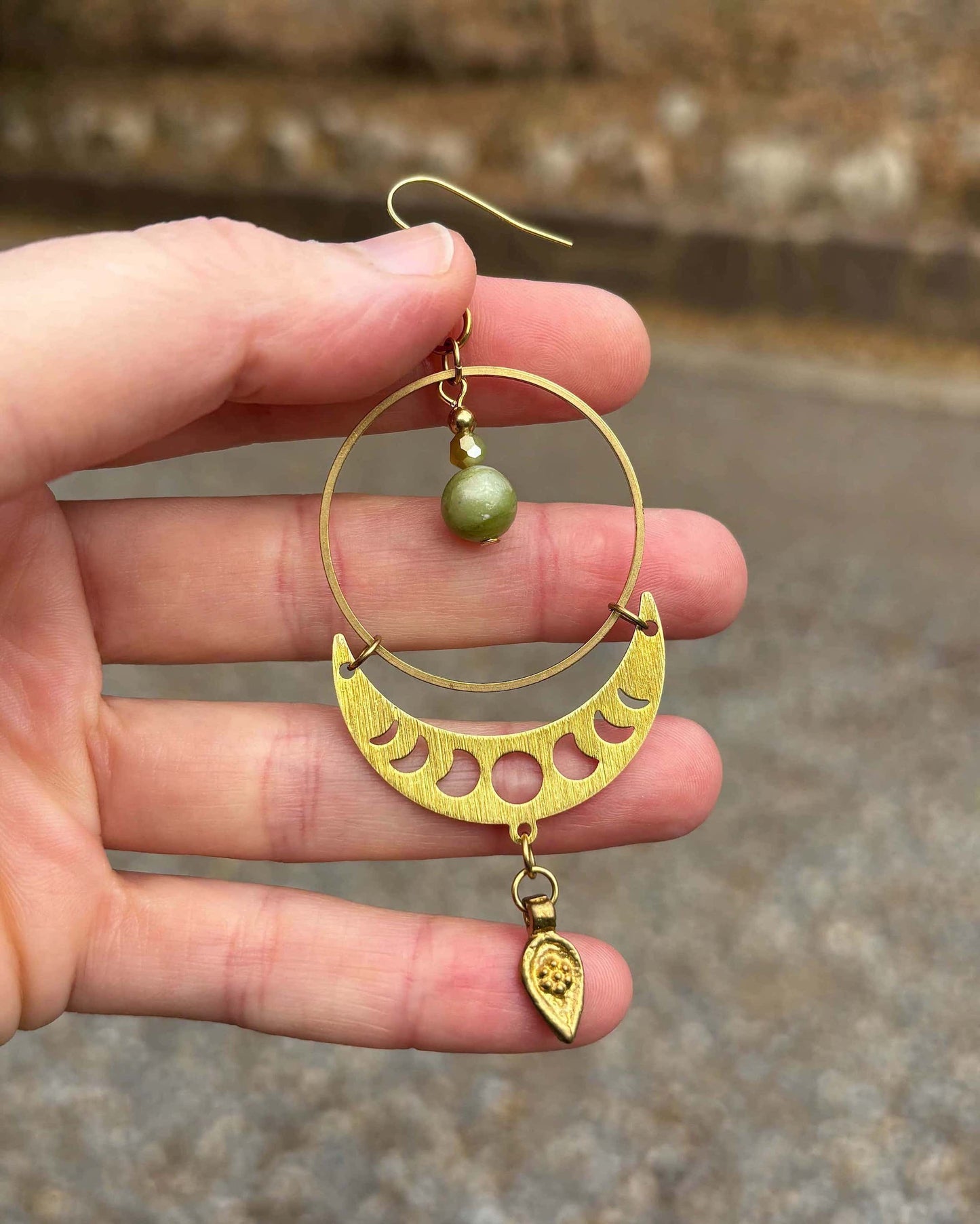 Peridot Moon Phase Brass Hoop Earrings