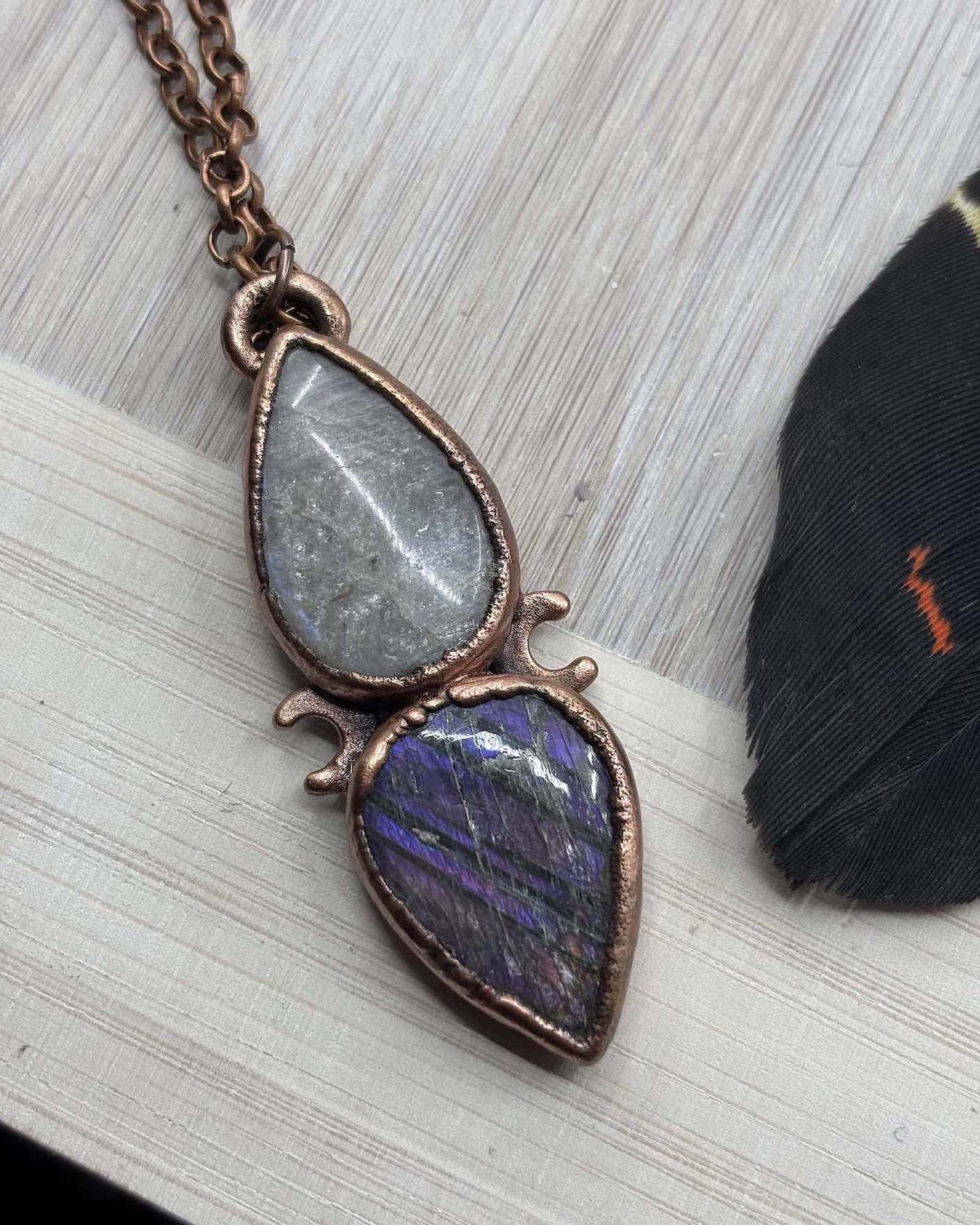 Purple Labradorite & African Moonstone / Sunstone - Crescent Moon Copper Necklace