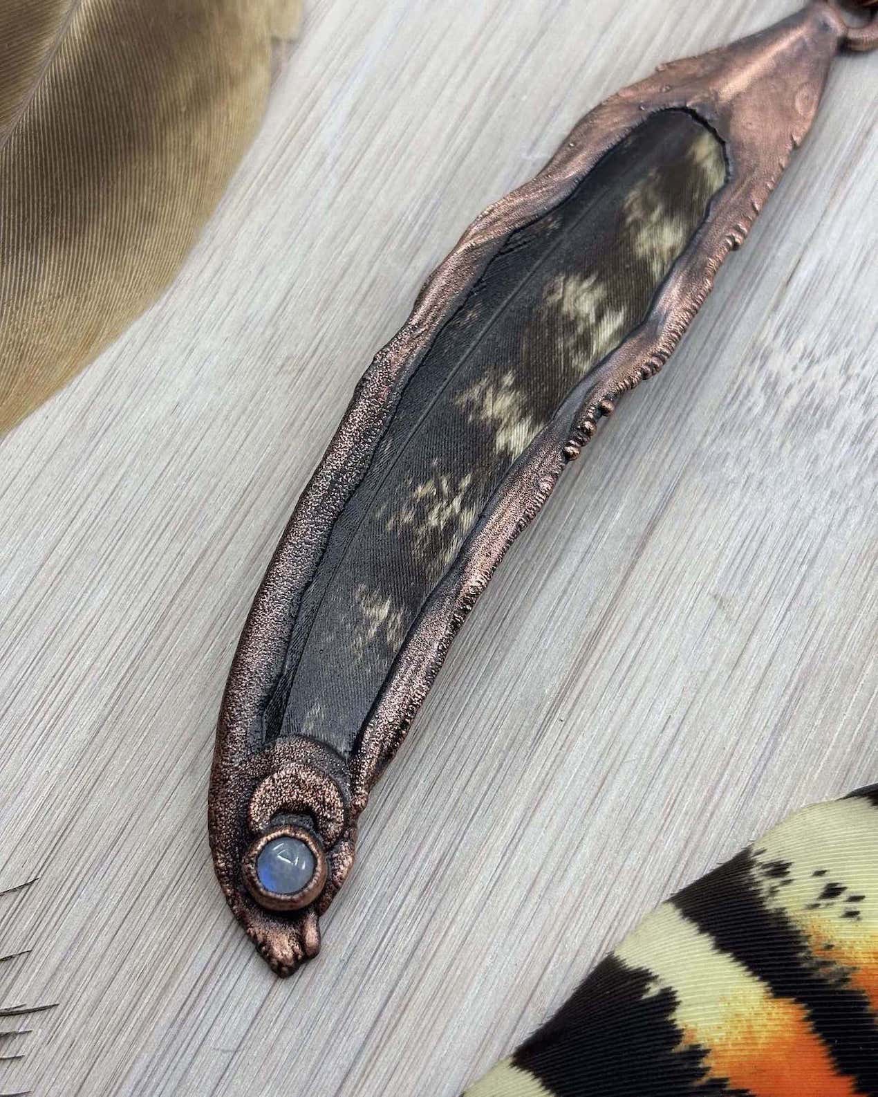 Rainbow Moonstone Tawny Frogmouth Feather Copper Necklace