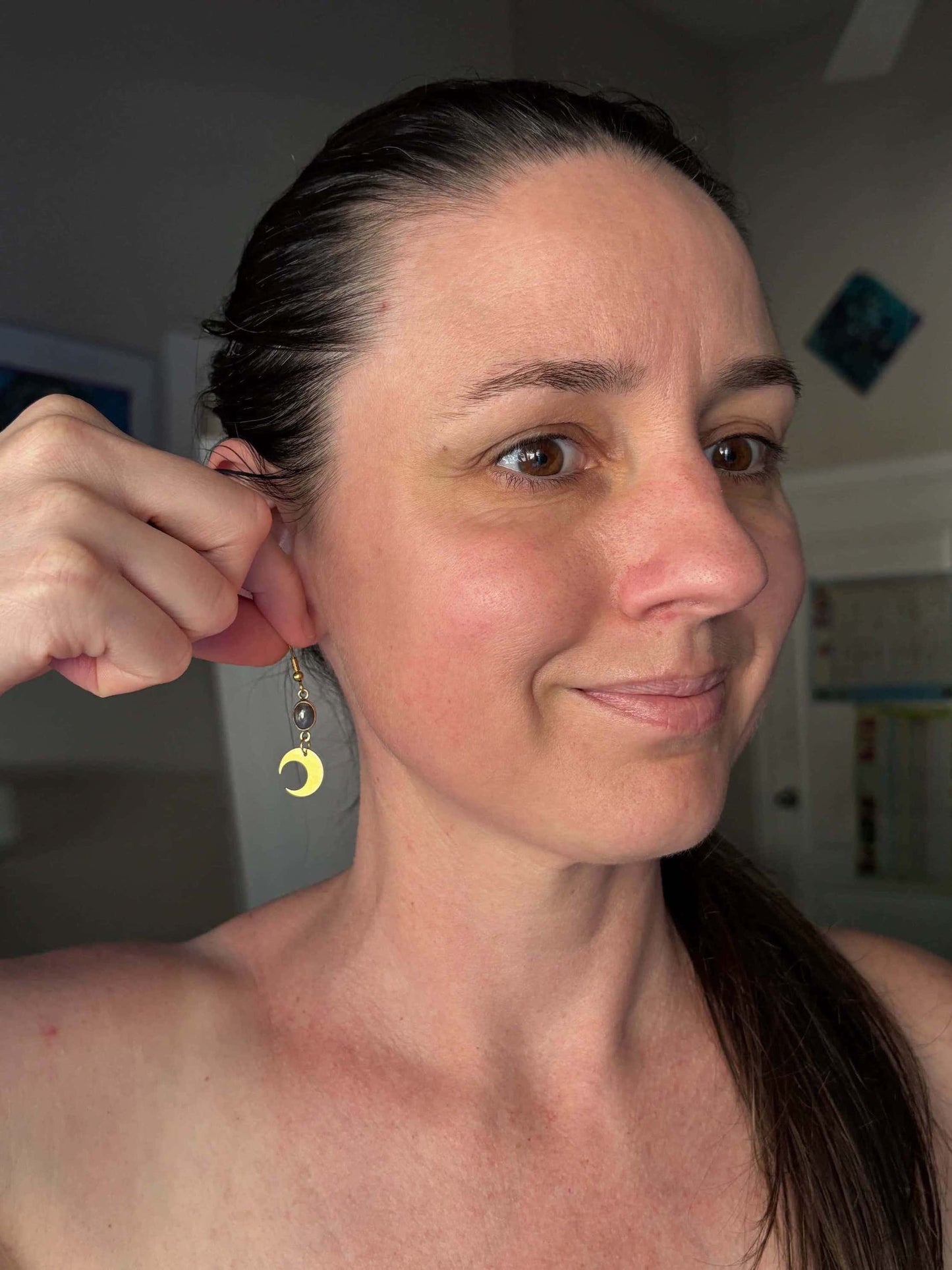 Labradorite Crescent Moon Brass Earrings