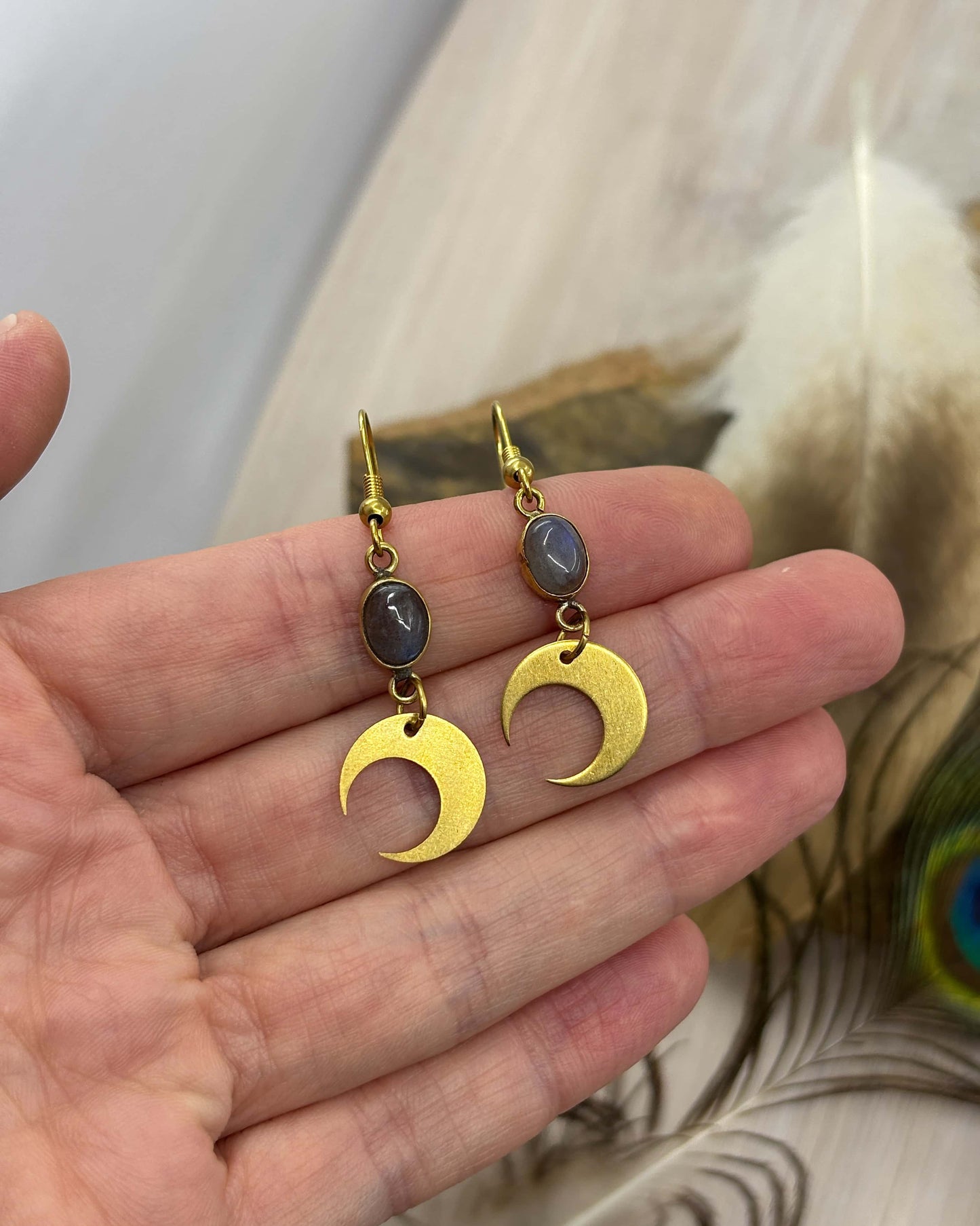 Labradorite Crescent Moon Brass Earrings