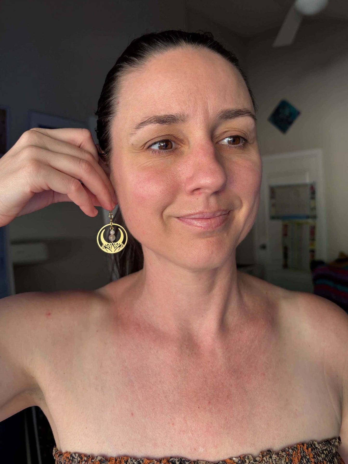 Moonstone Lotus Crescent Moon Brass Earrings