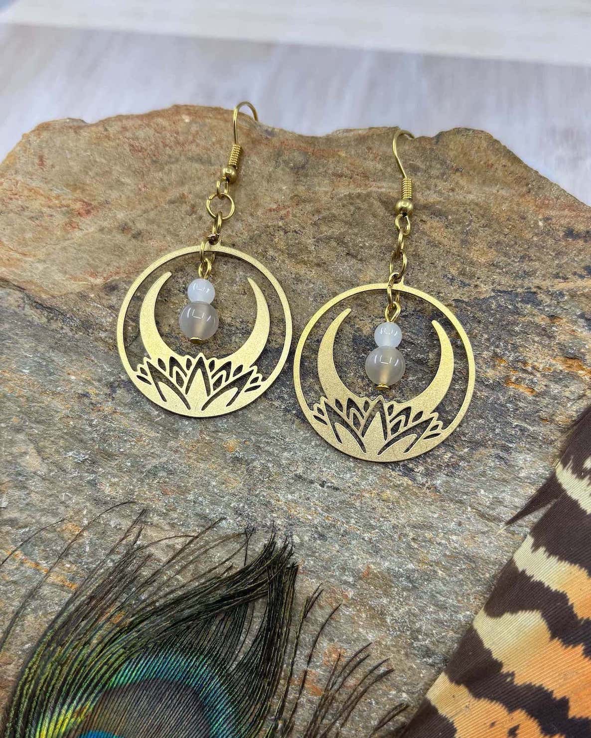 Moonstone Lotus Crescent Moon Brass Earrings