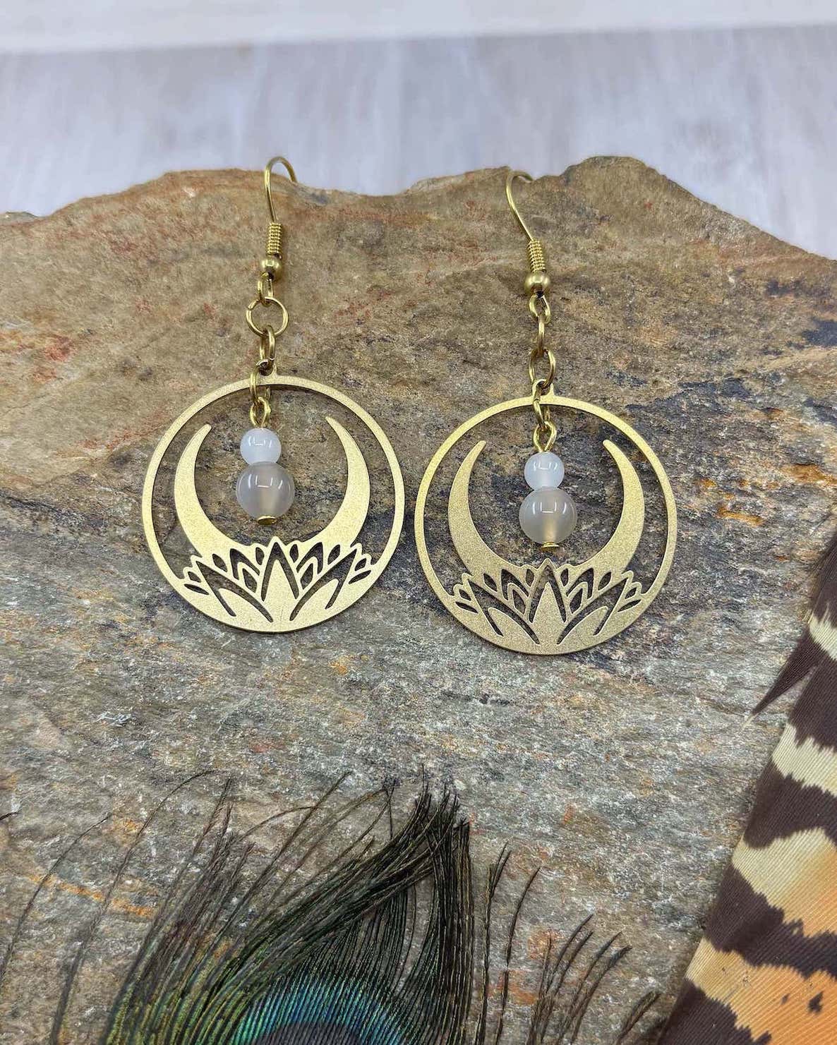 Moonstone Lotus Crescent Moon Brass Earrings