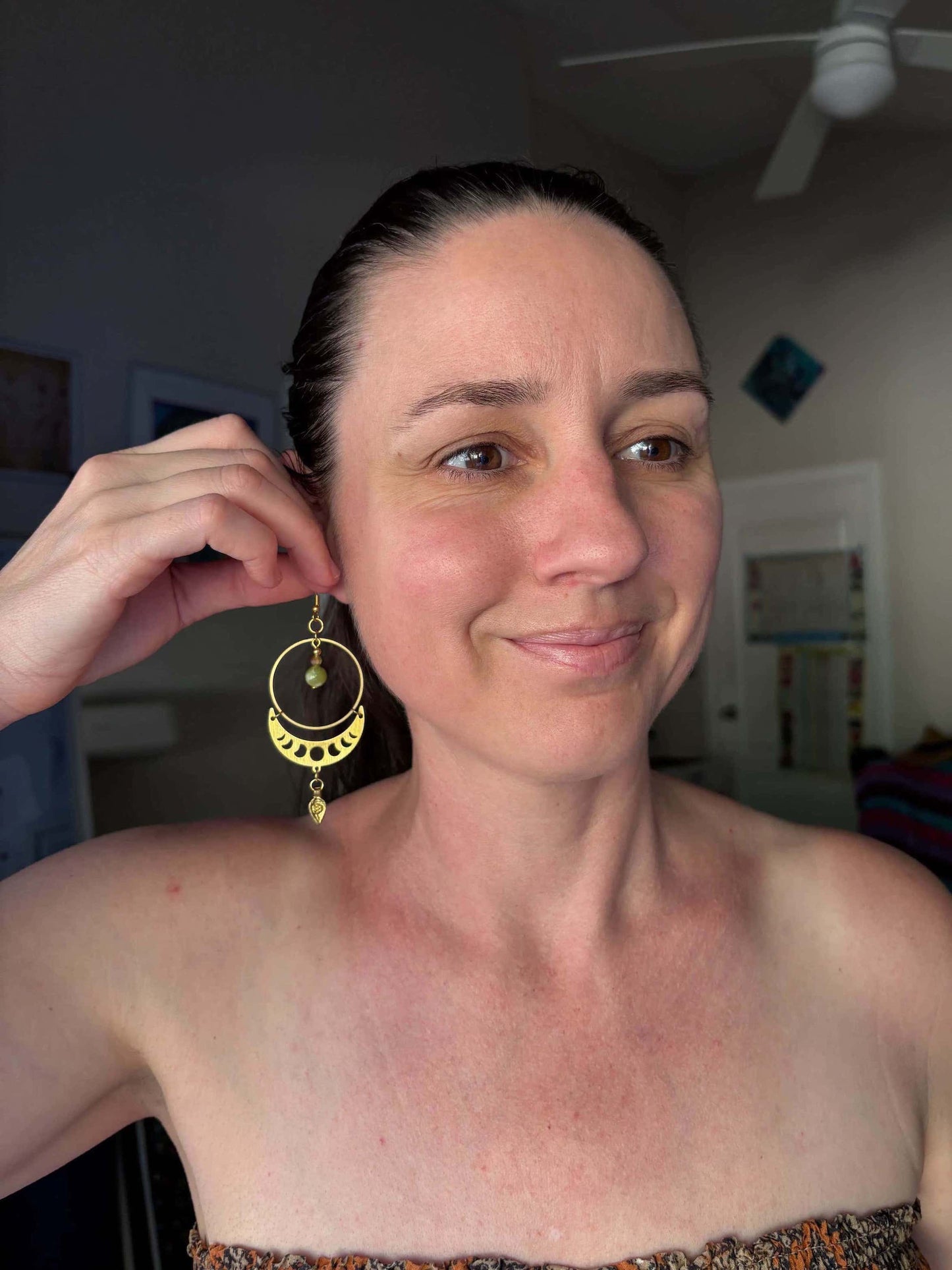 Peridot Moon Phase Brass Hoop Earrings