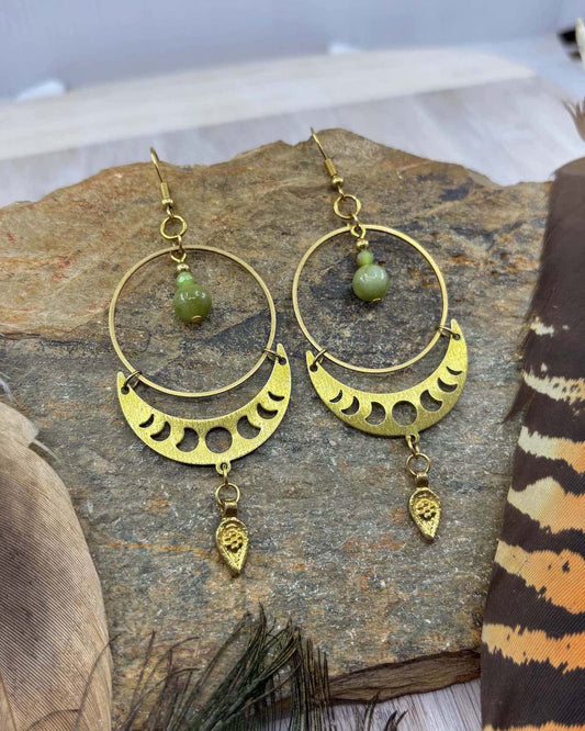 Peridot Moon Phase Brass Hoop Earrings