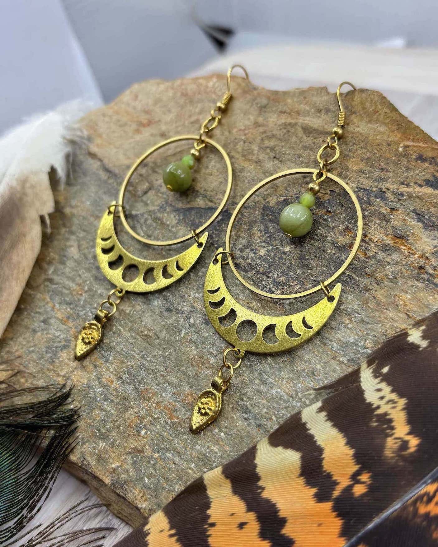 Peridot Moon Phase Brass Hoop Earrings