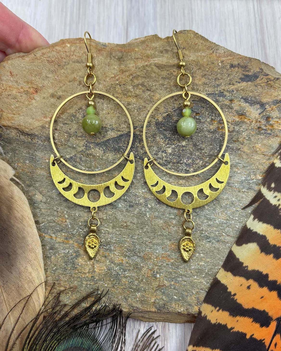 Peridot Moon Phase Brass Hoop Earrings