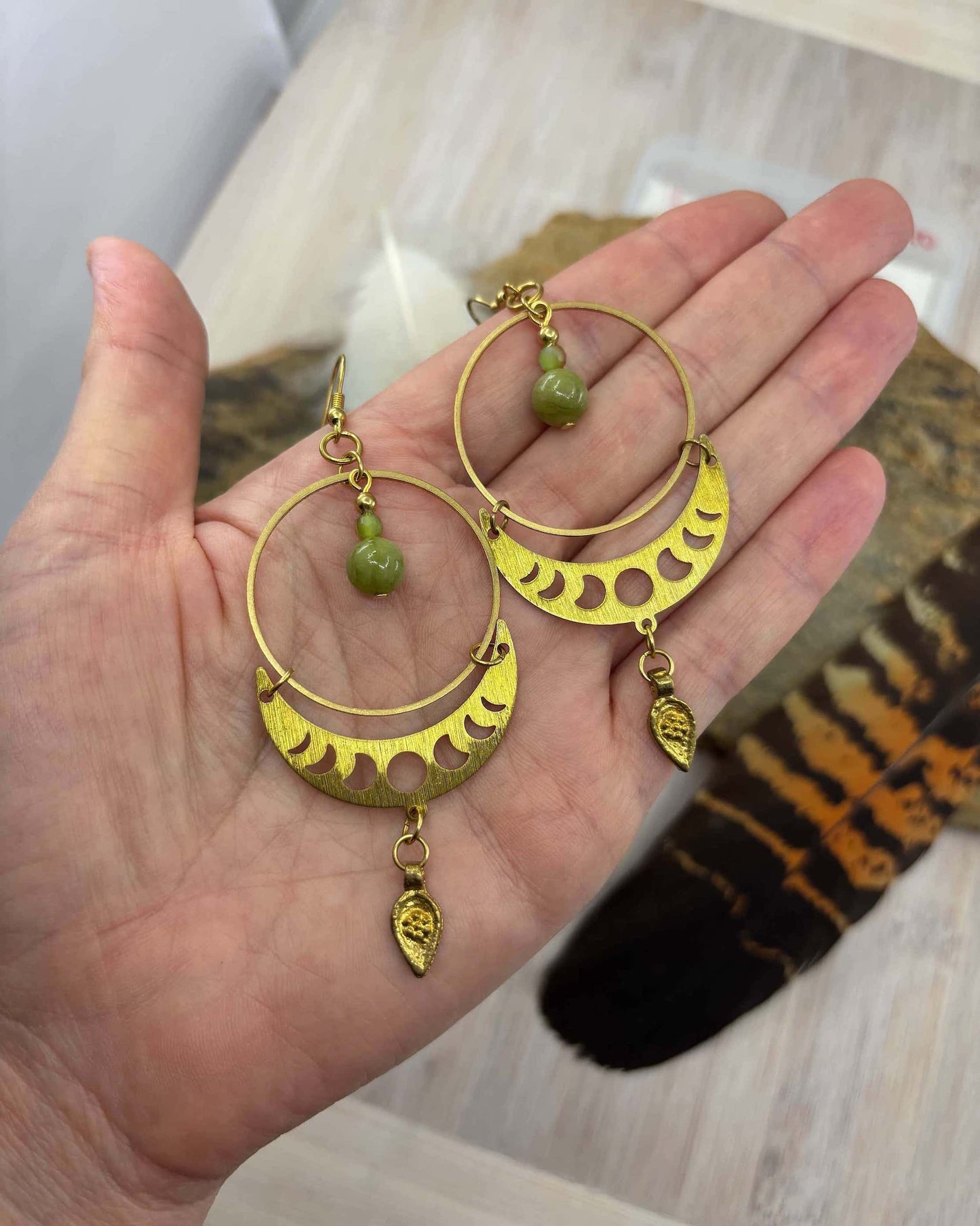 Peridot Moon Phase Brass Hoop Earrings