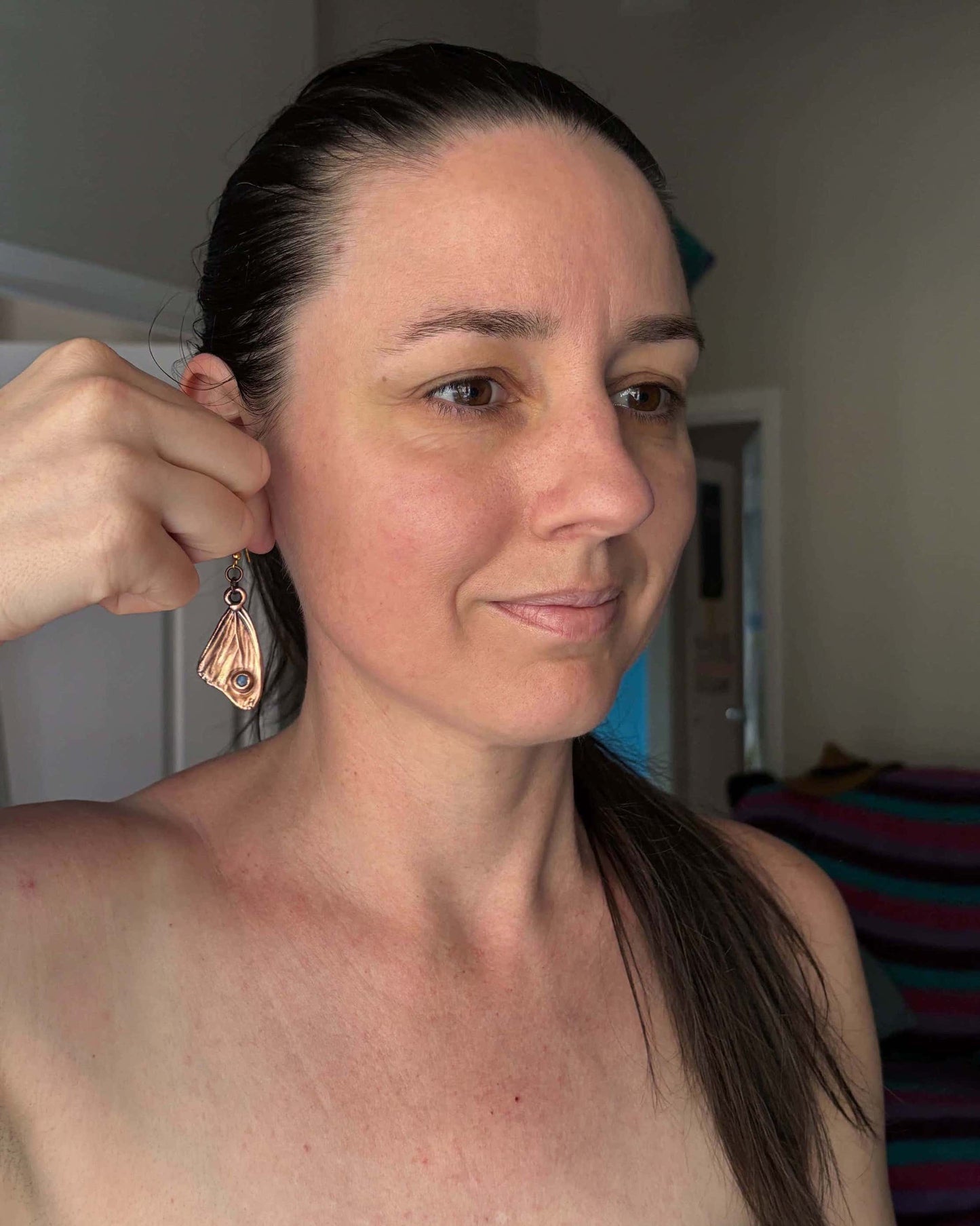 Rainbow Moonstone Real Butterfly Wing Earrings - Copper
