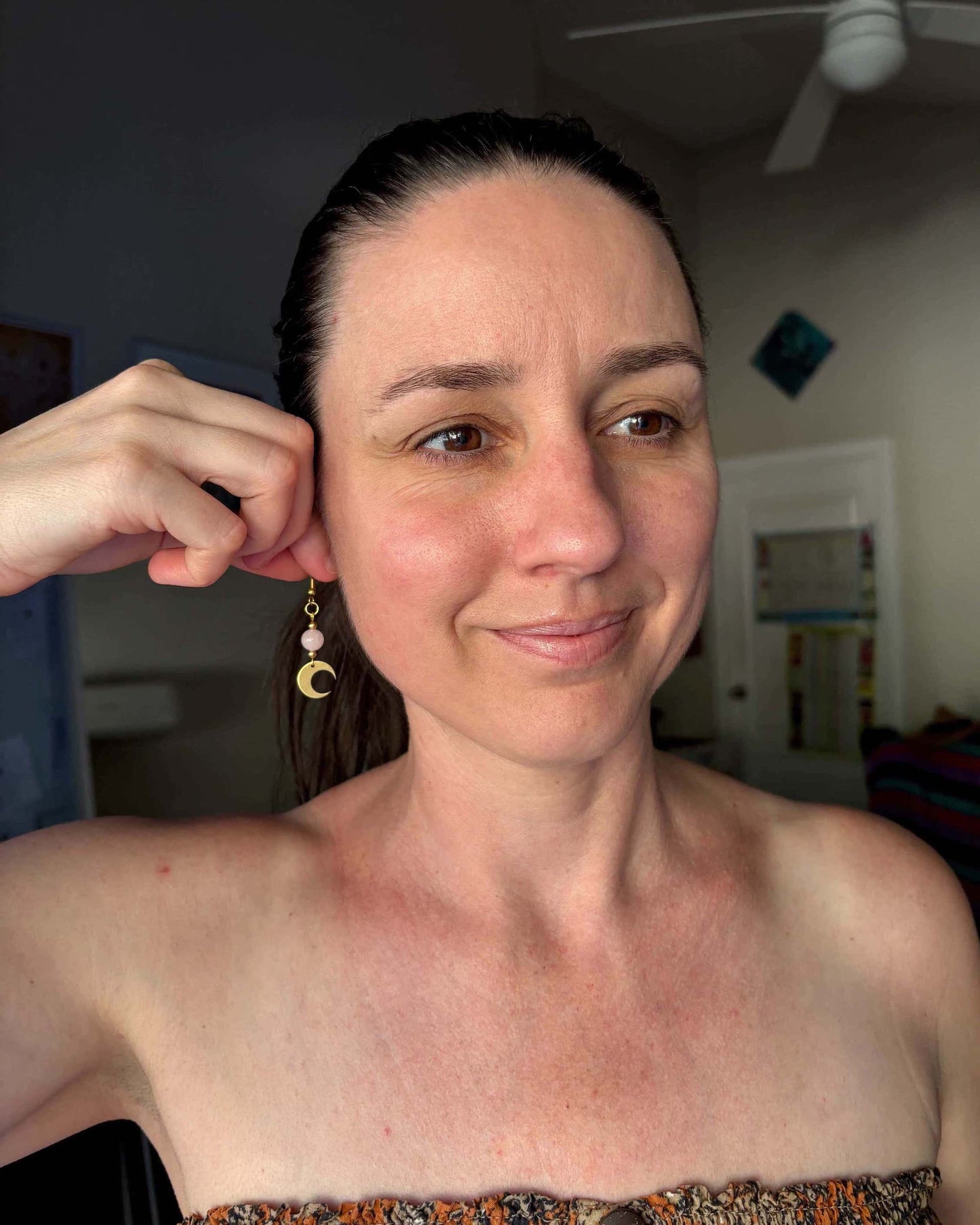Rose Quartz Crescent Moon Brass Drop Earrings