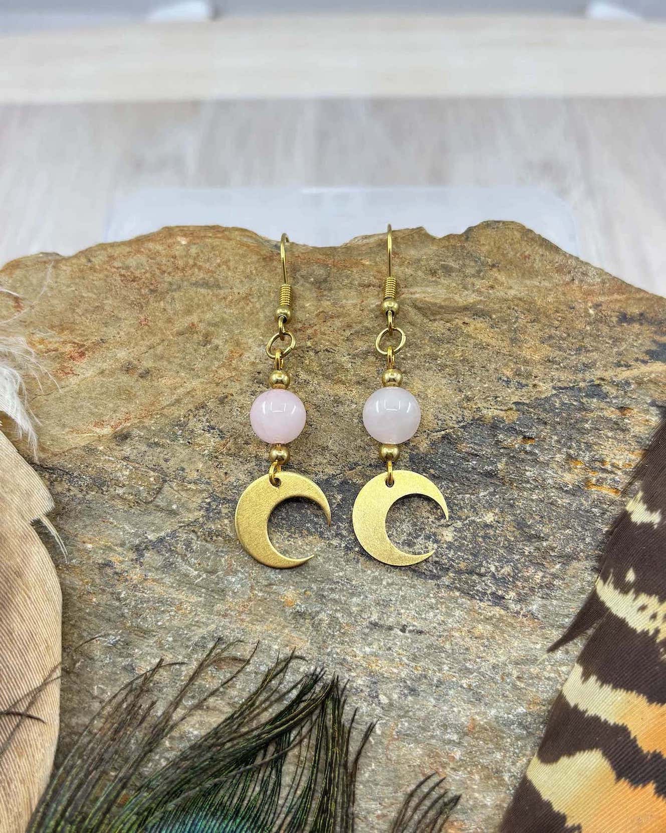 Rose Quartz Crescent Moon Brass Drop Earrings