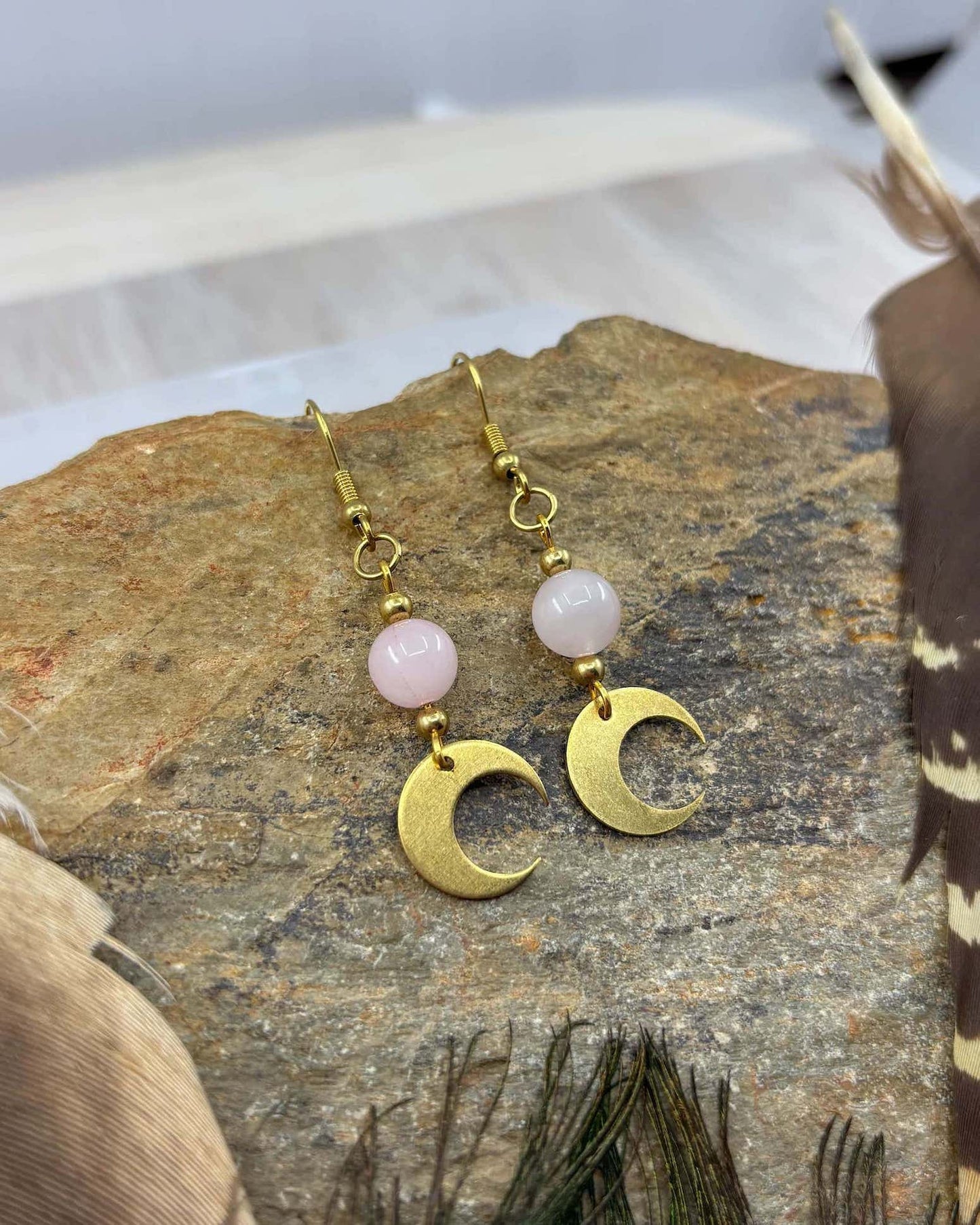 Rose Quartz Crescent Moon Brass Drop Earrings