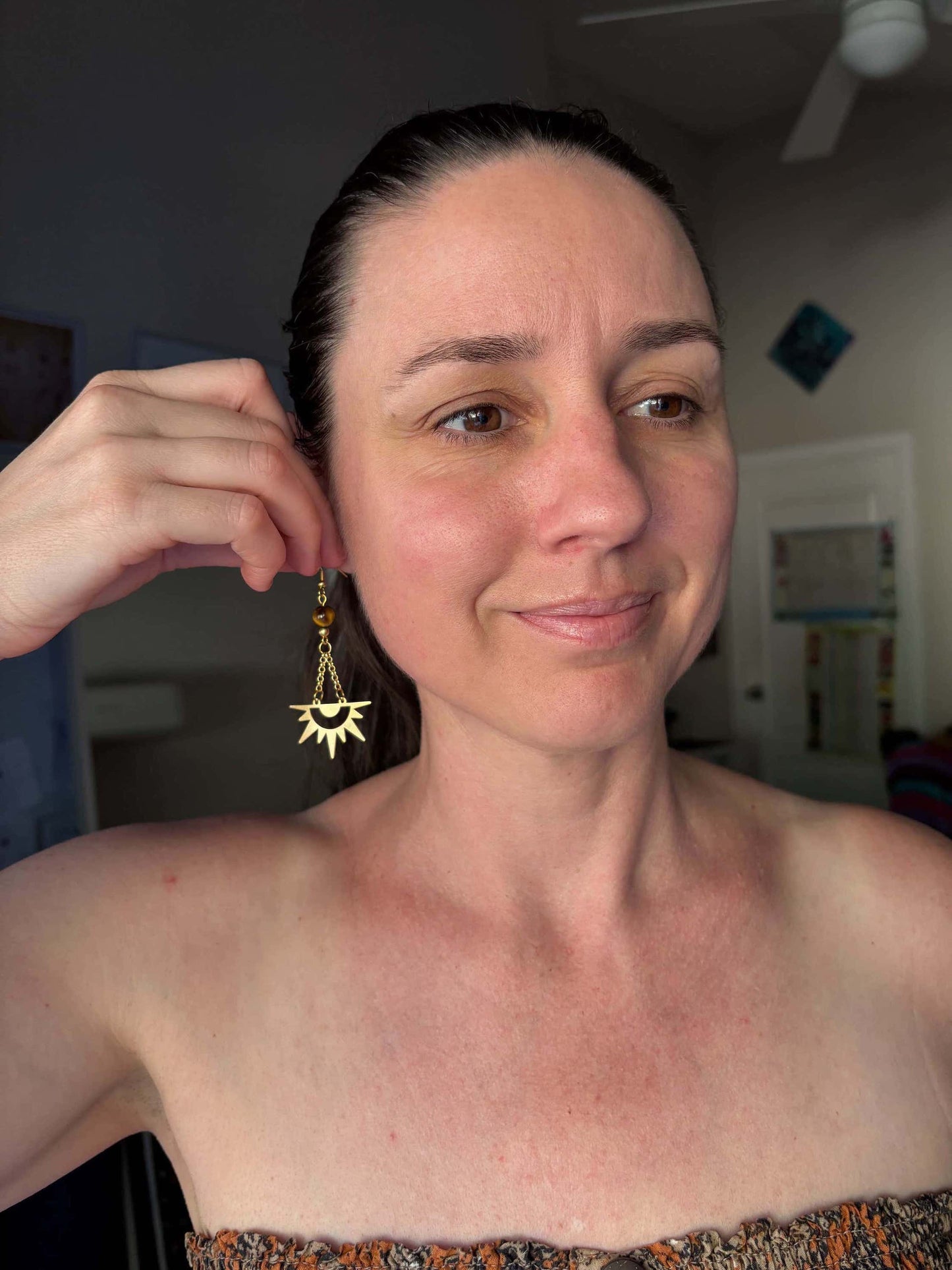 Tiger Eye Sun Burst Brass Earrings