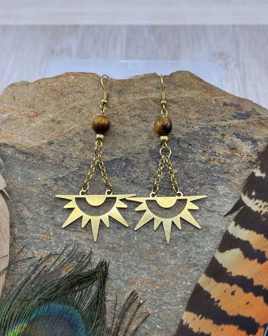Tiger Eye Sun Burst Brass Earrings