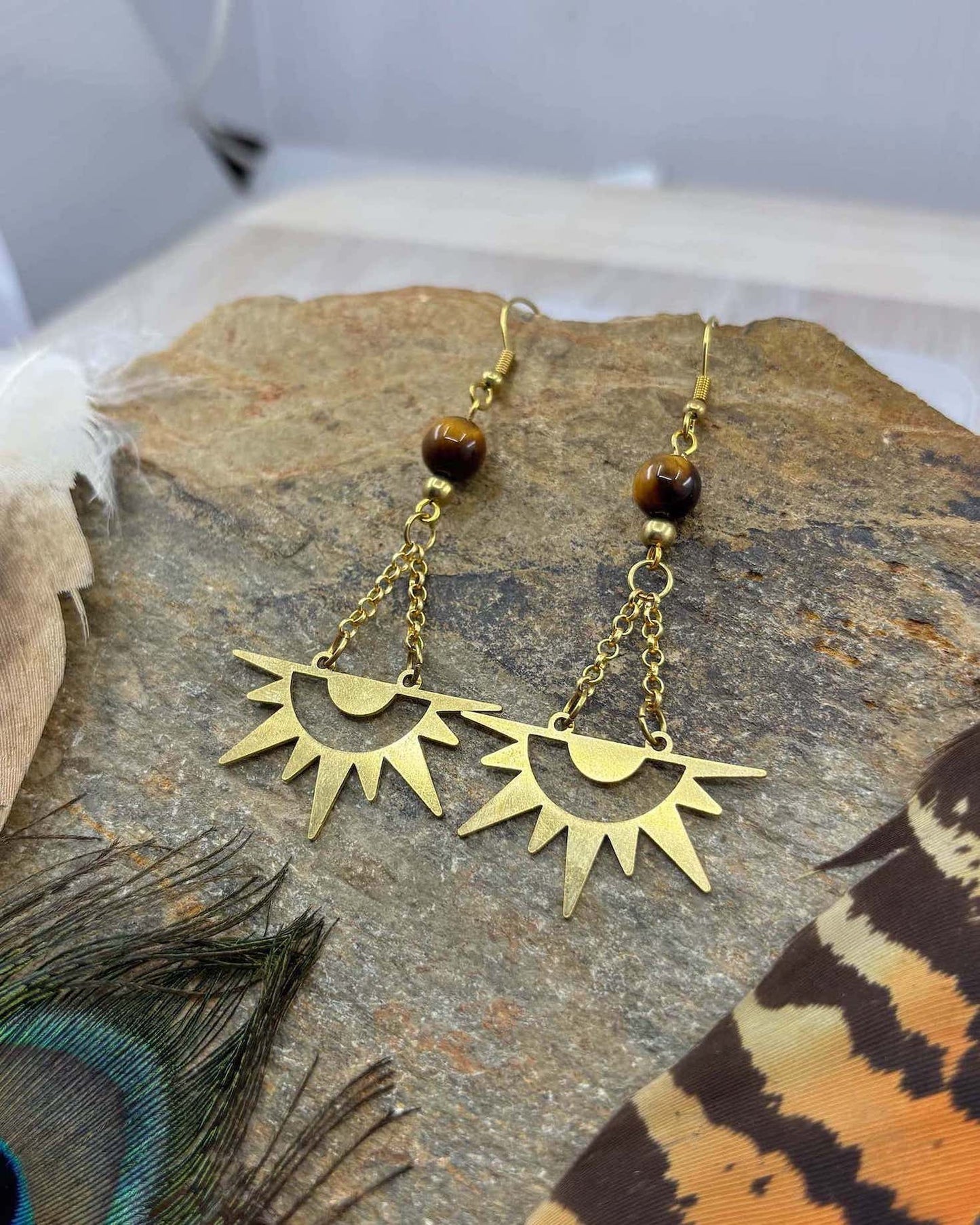 Tiger Eye Sun Burst Brass Earrings