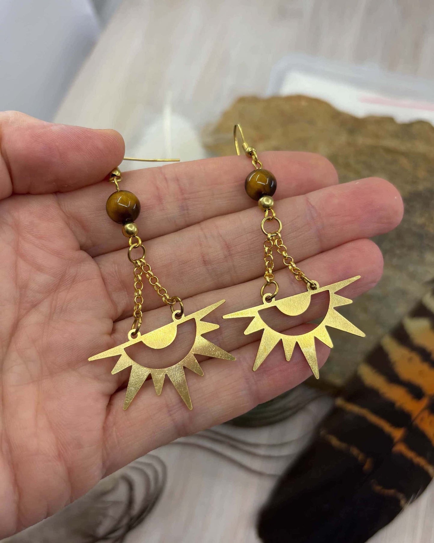 Tiger Eye Sun Burst Brass Earrings