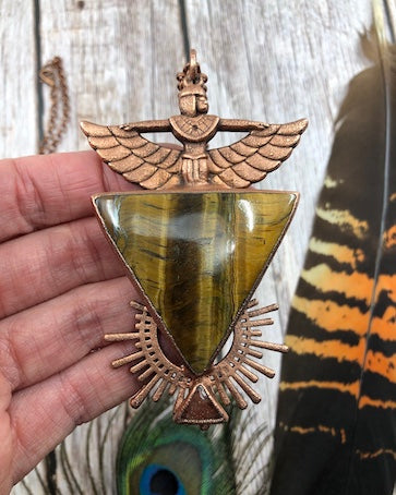 Egyptian Goddess Necklace with Triangle Tiger Eye, Sunstone & Sun - Electroformed